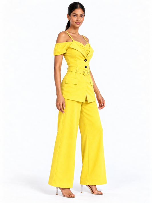 Solea Yellow Belted Co-ord Set for Women Off Shoulder