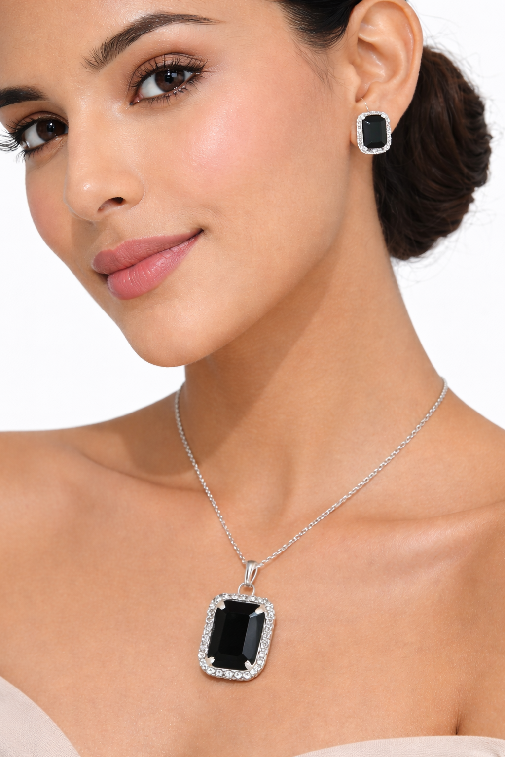 Luxury Emerald Cut Yellow Crystal Pendant Necklace Set for Women