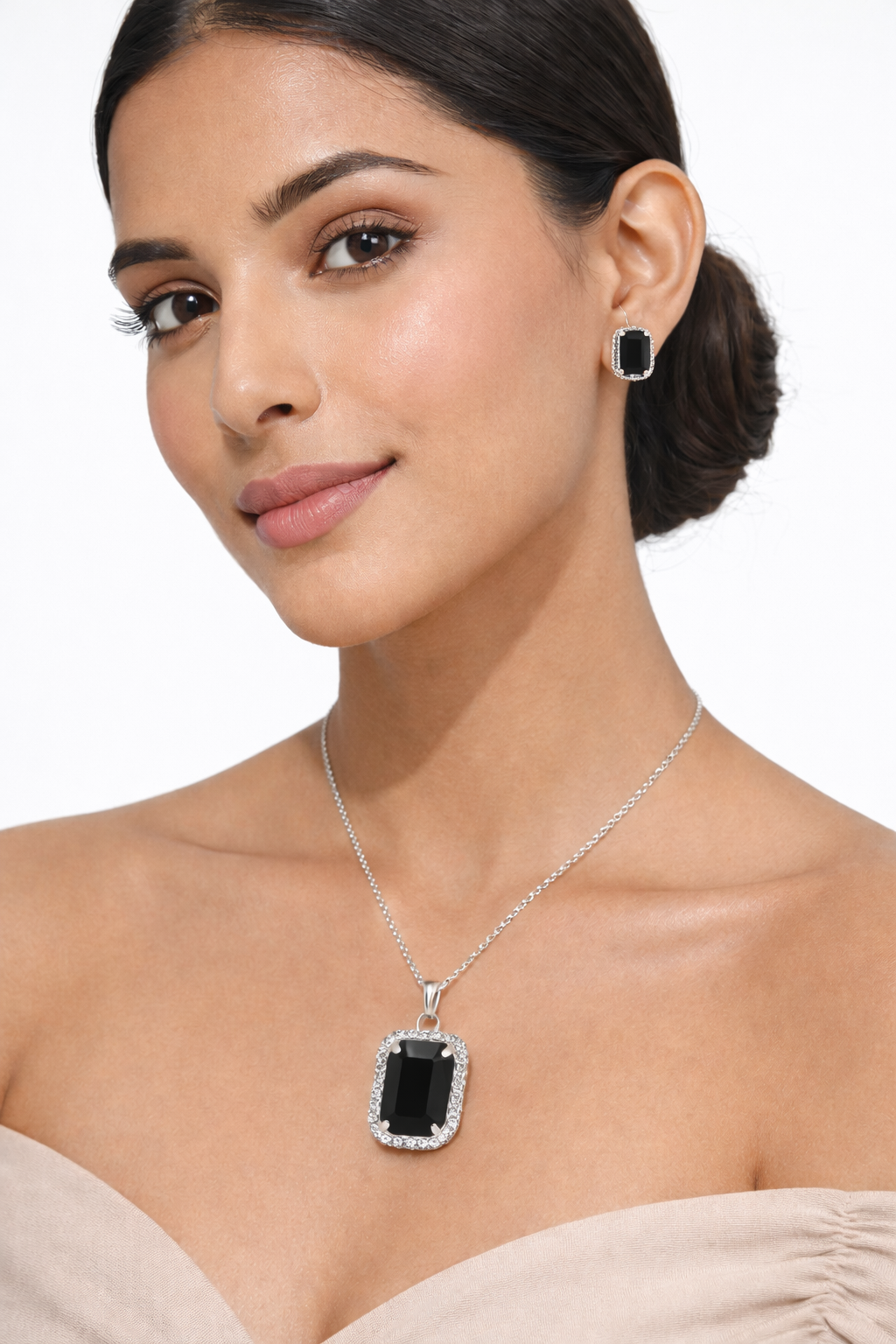 Luxury Emerald Cut Yellow Crystal Pendant Necklace Set for Women