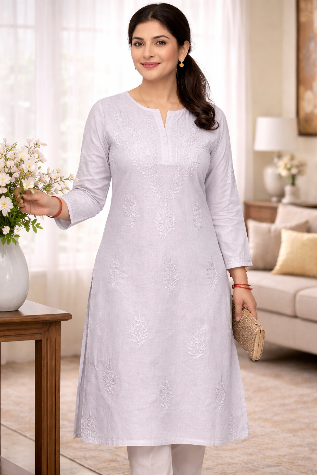 Shorekraft Grey Chikankari Cotton Kurti