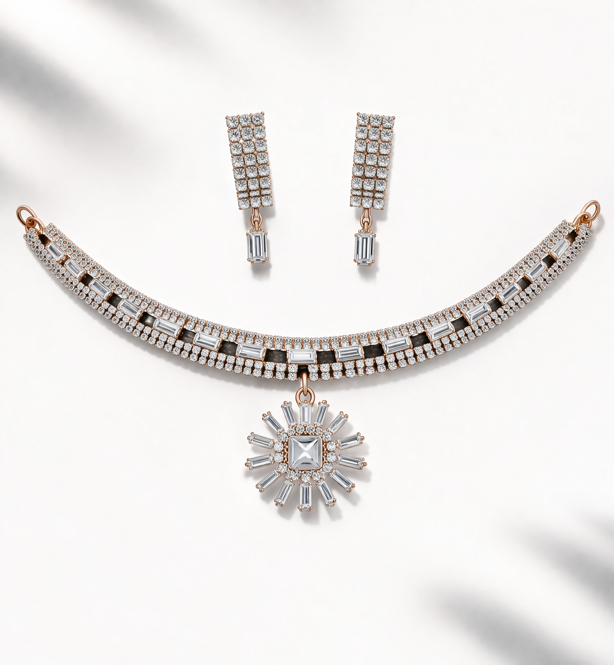 CZ Diamond Sunburst Choker Necklace Set