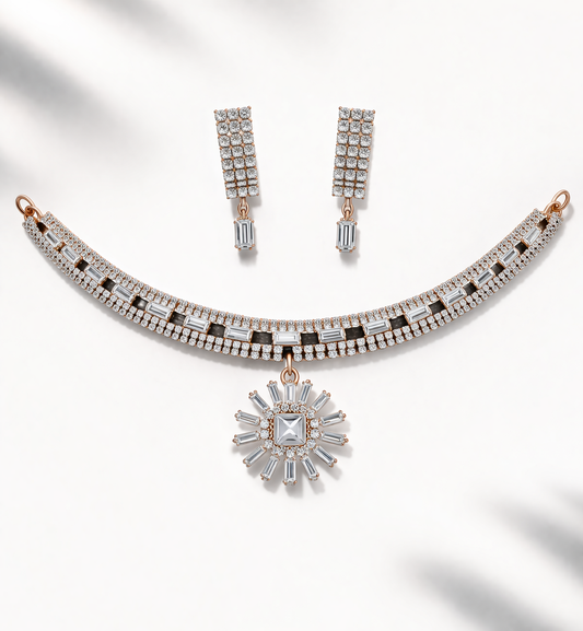 CZ Diamond Sunburst Choker Necklace Set
