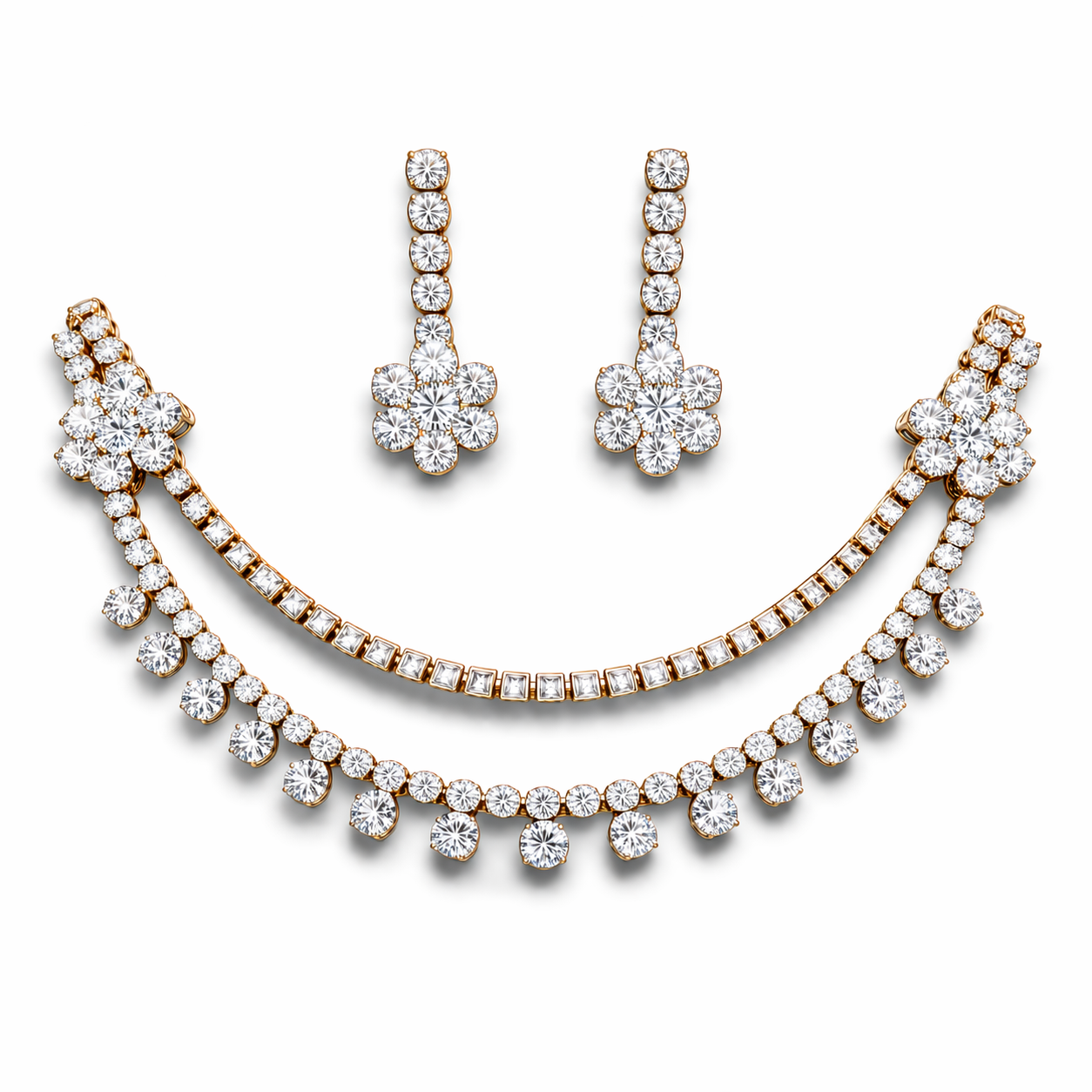 Dual Layer CZ Diamond Drop Necklace Set with Earrings
