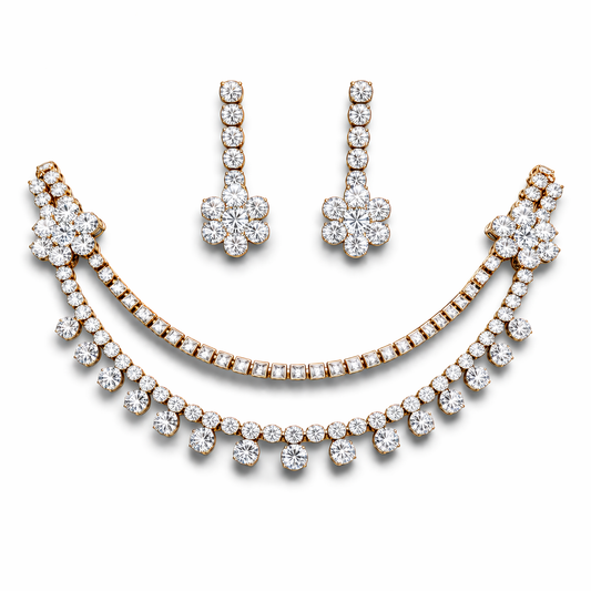 Dual Layer CZ Diamond Drop Necklace Set with Earrings