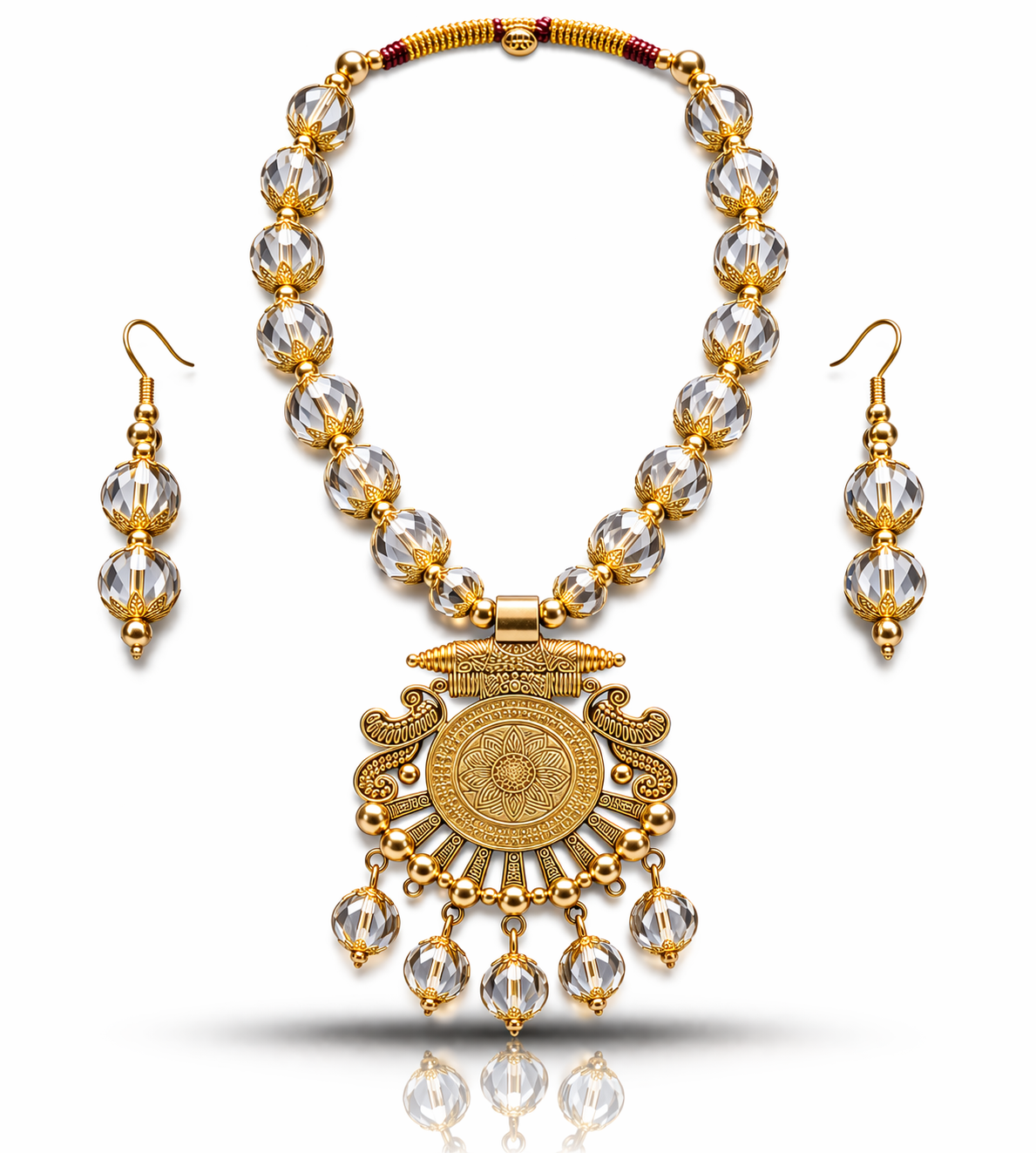 Traditional Gold Tone Beaded Pendant Necklace Set
