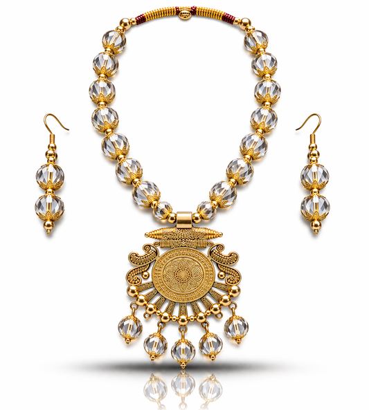 Traditional Gold Tone Beaded Pendant Necklace Set