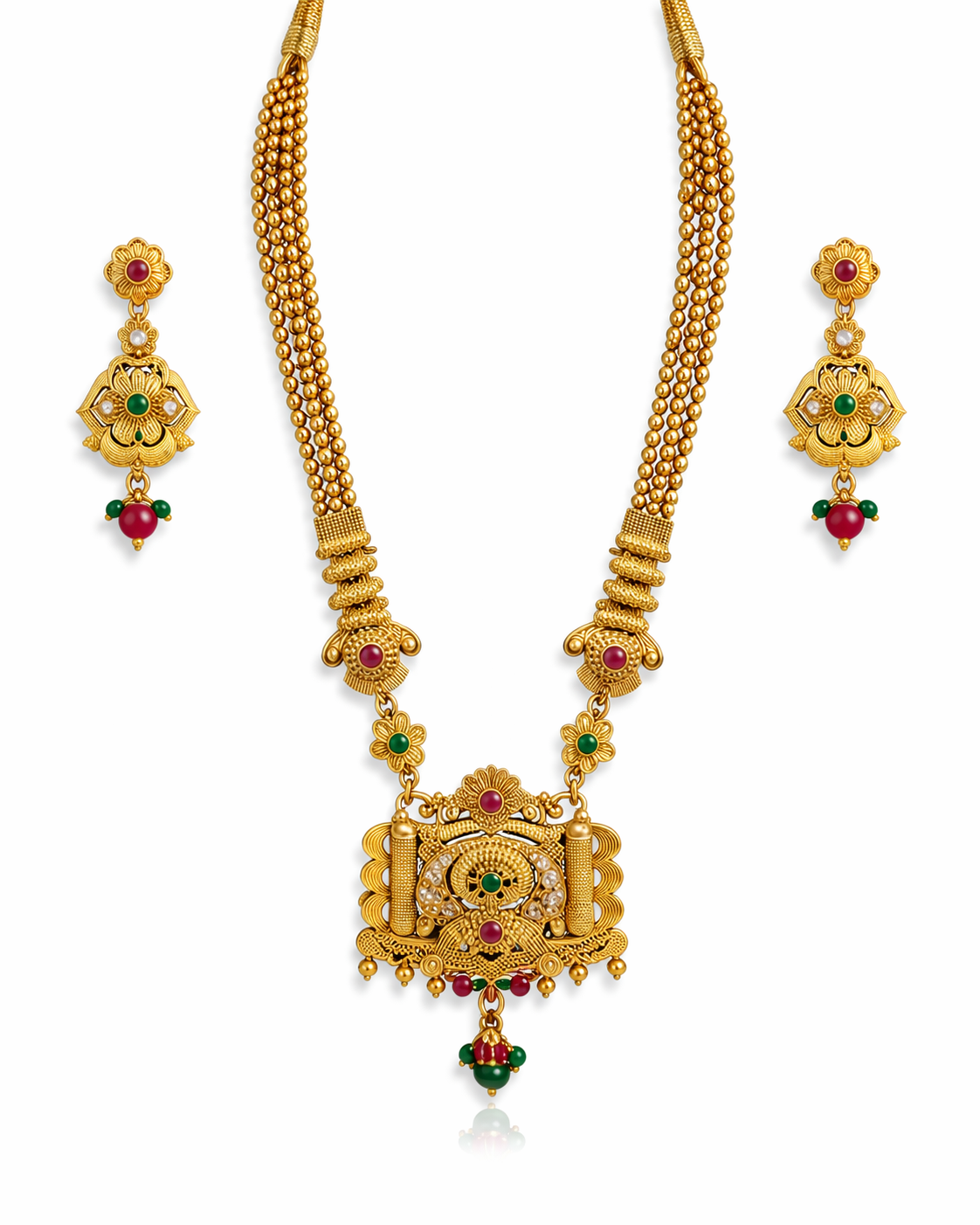 Antique Gold Temple Necklace Set with Earrings for Women