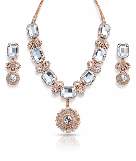 Rose Gold Crystal Necklace Set with Earrings for Women