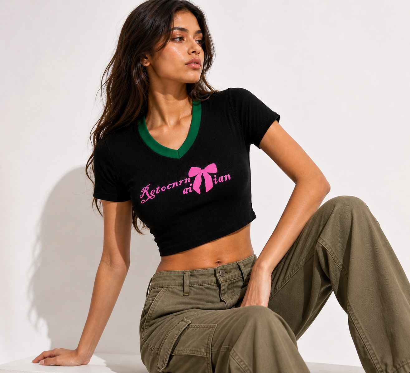 Shorekraft Pink Bow Rib Crop Top