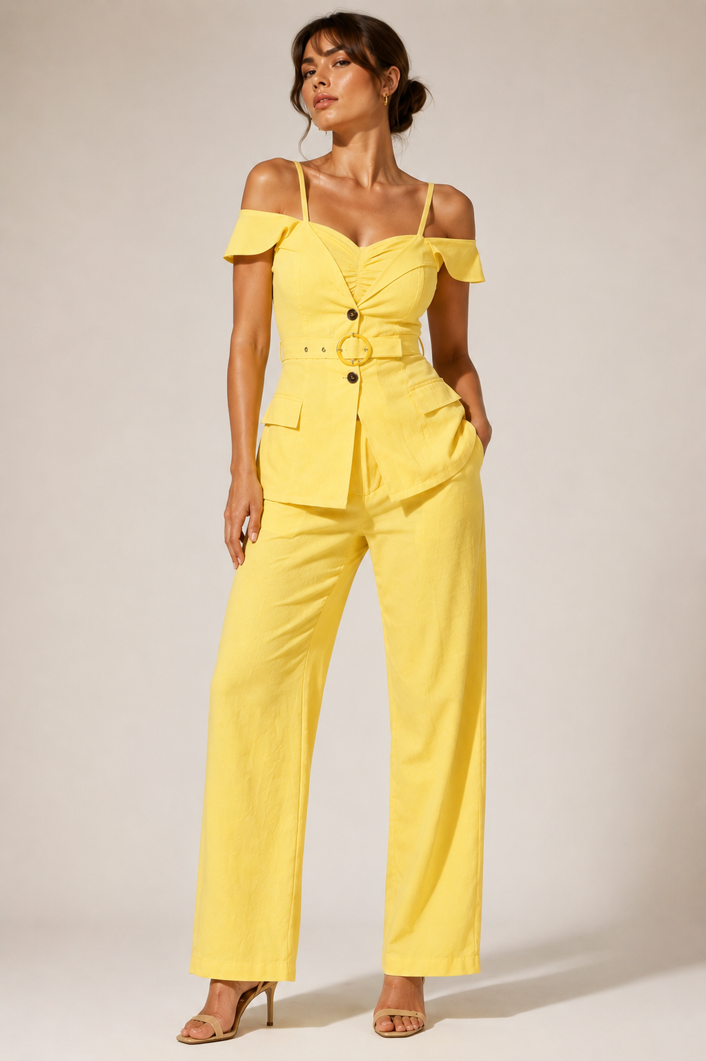 Solea Yellow Belted Co-ord Set for Women Off Shoulder