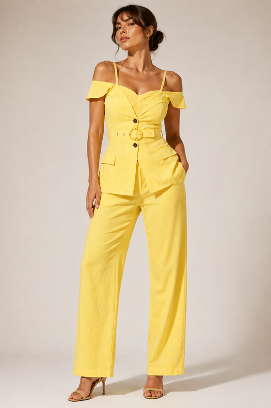Solea Yellow Belted Co-ord Set for Women Off Shoulder