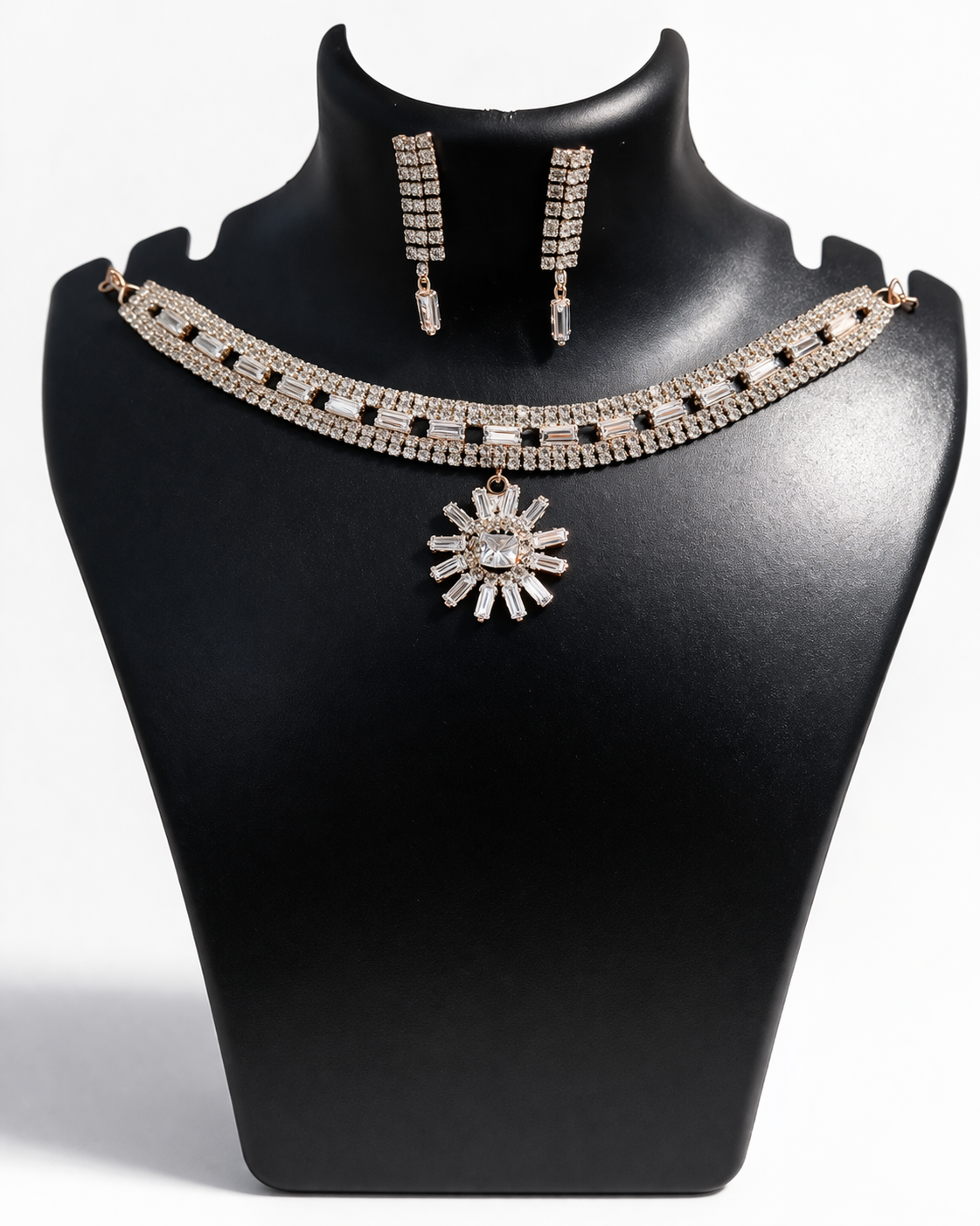 CZ Diamond Sunburst Choker Necklace Set