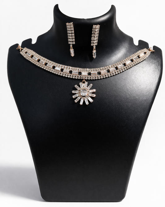 CZ Diamond Sunburst Choker Necklace Set