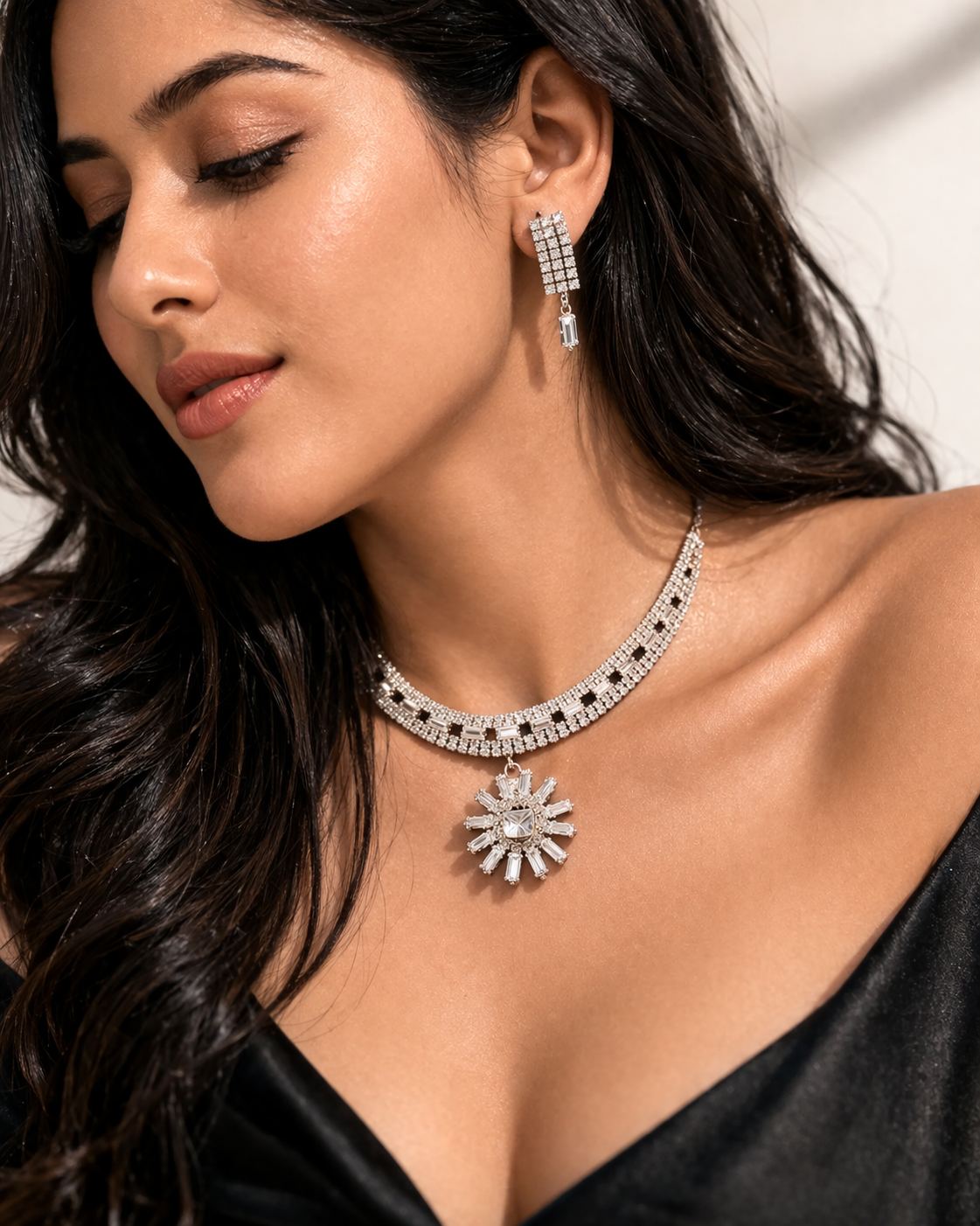 CZ Diamond Sunburst Choker Necklace Set