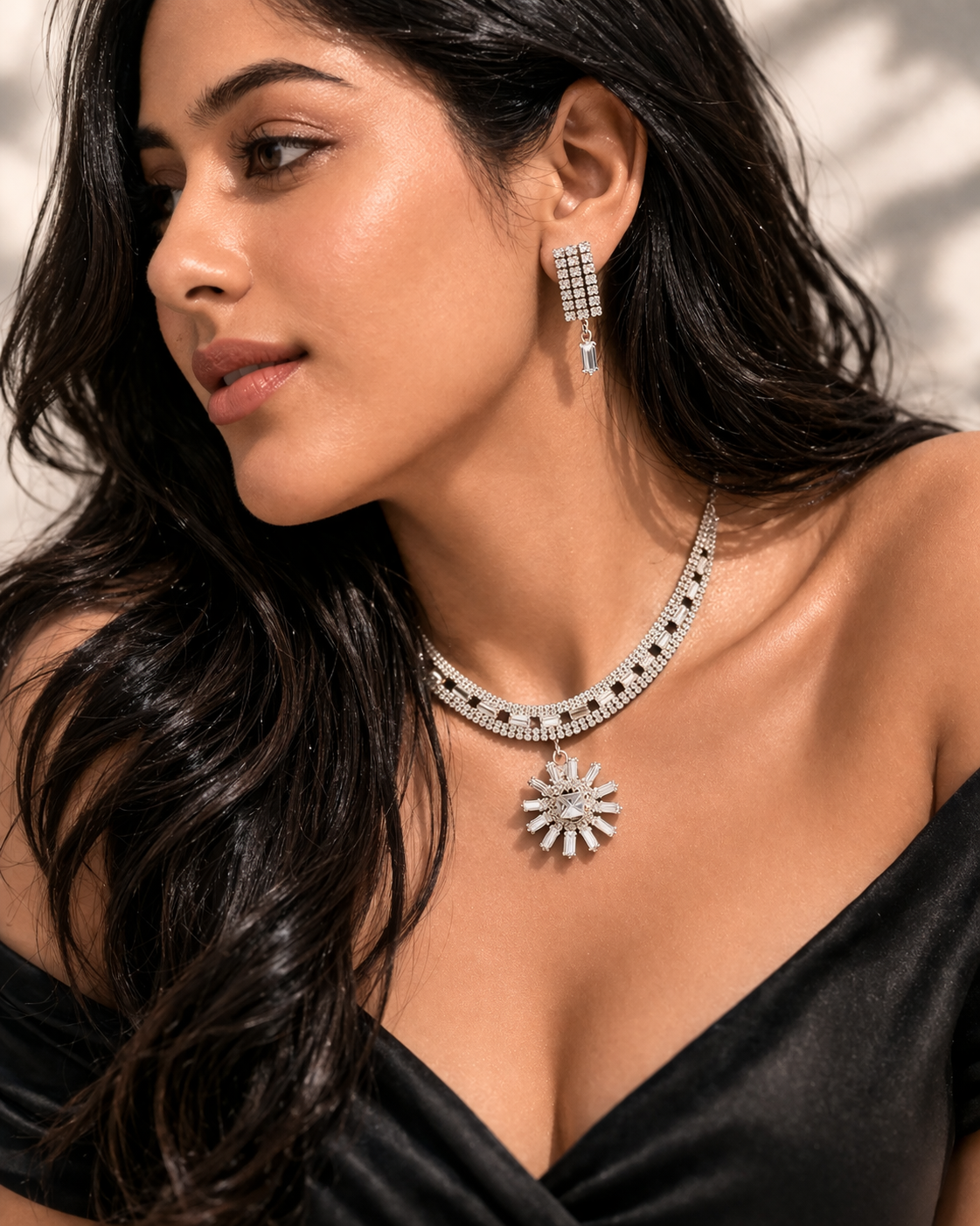 CZ Diamond Sunburst Choker Necklace Set