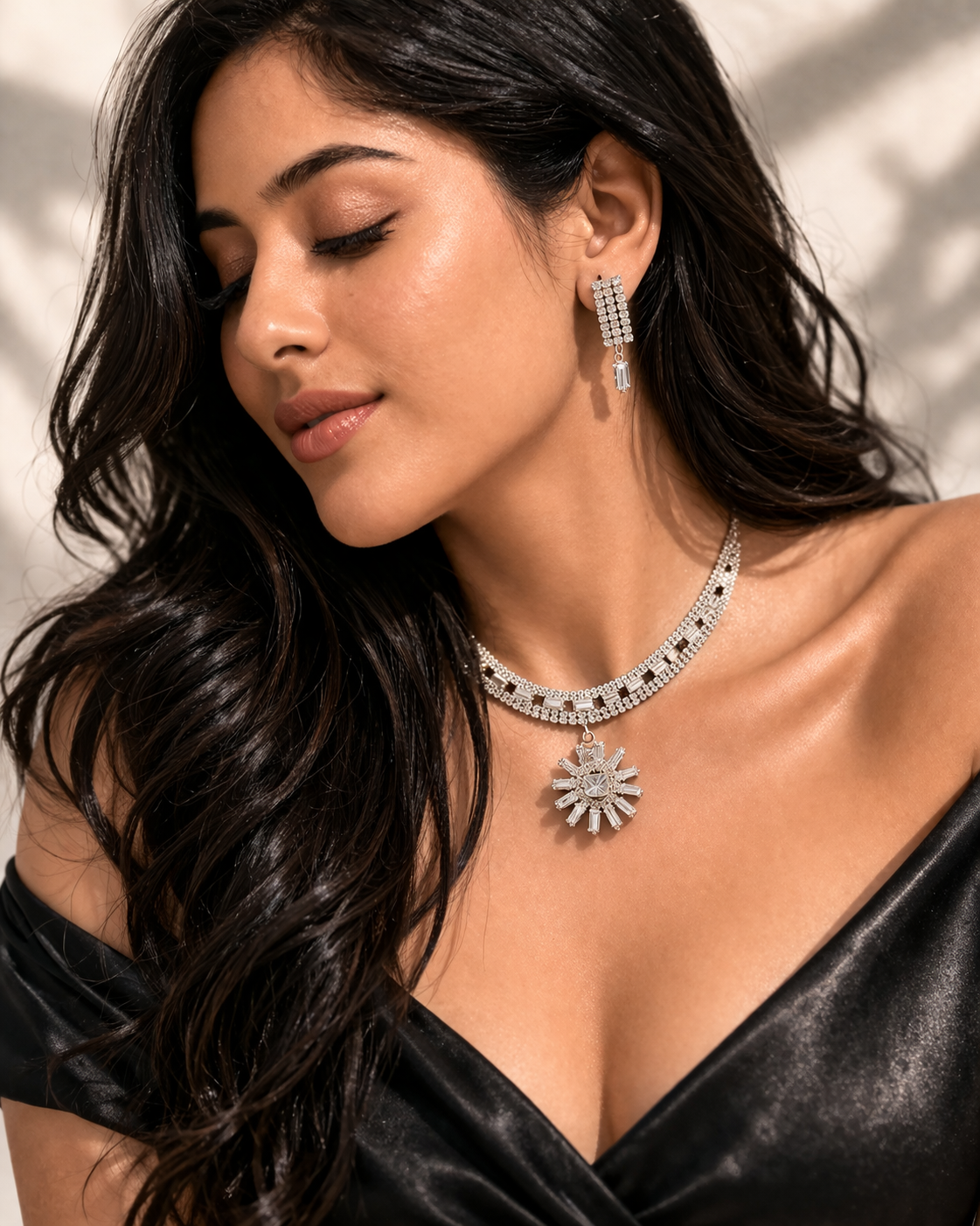 CZ Diamond Sunburst Choker Necklace Set