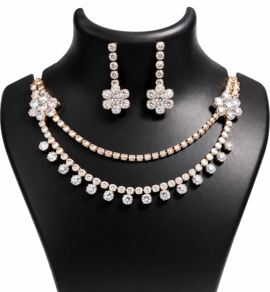 Dual Layer CZ Diamond Drop Necklace Set with Earrings