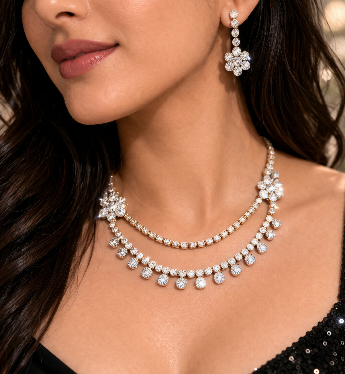 Dual Layer CZ Diamond Drop Necklace Set with Earrings