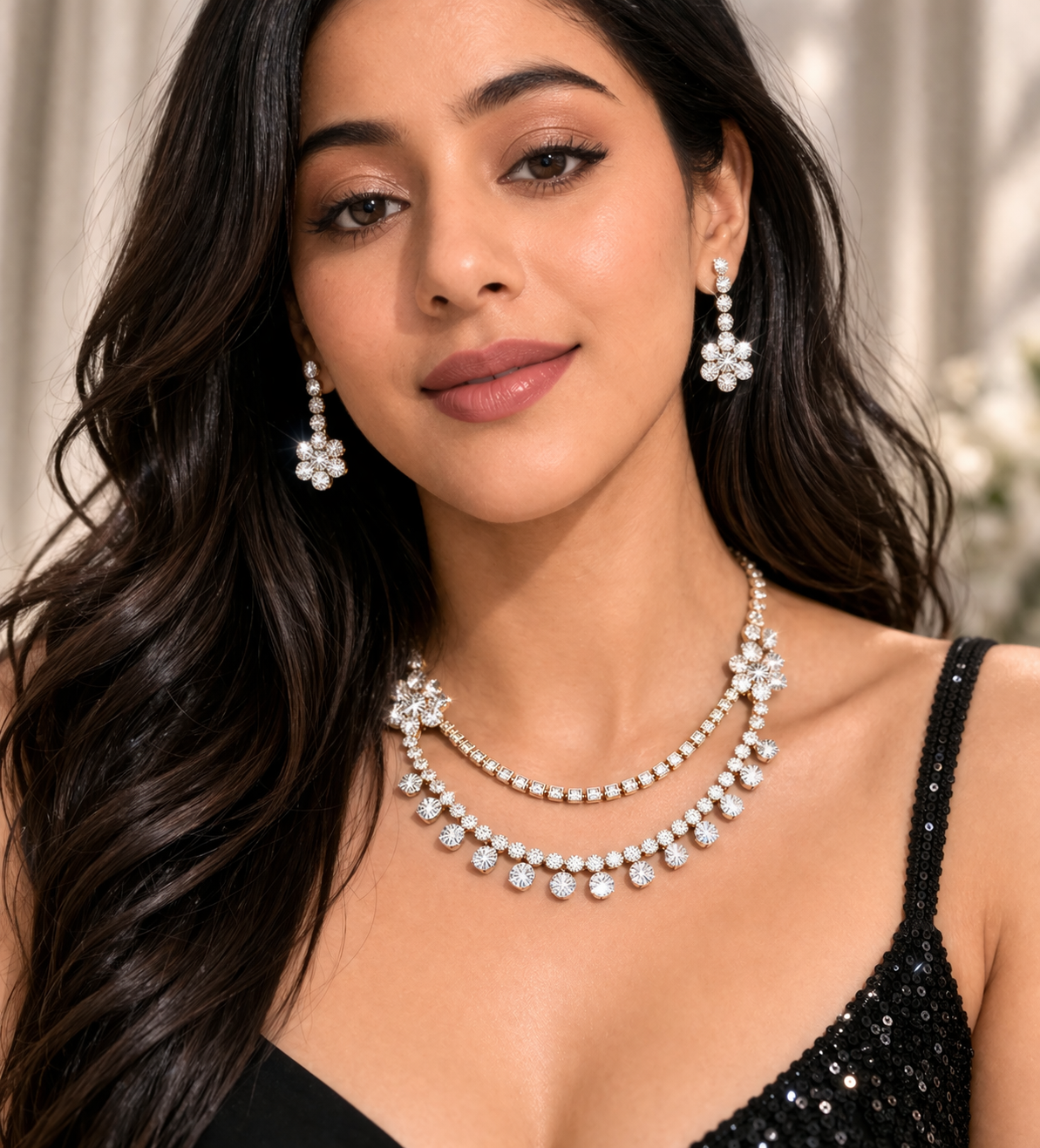 Dual Layer CZ Diamond Drop Necklace Set with Earrings