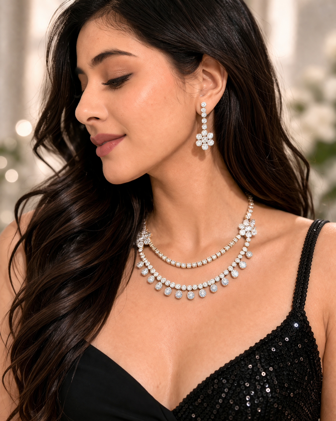 Dual Layer CZ Diamond Drop Necklace Set with Earrings