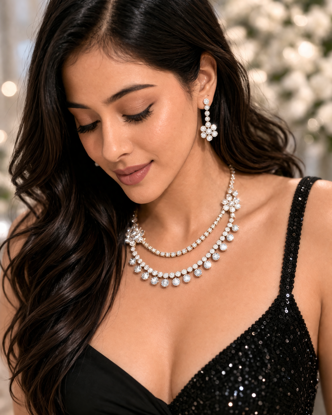 Dual Layer CZ Diamond Drop Necklace Set with Earrings