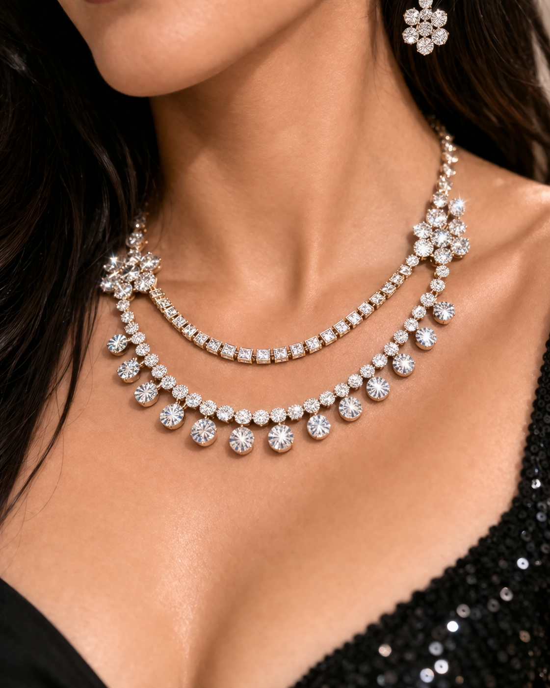 Dual Layer CZ Diamond Drop Necklace Set with Earrings