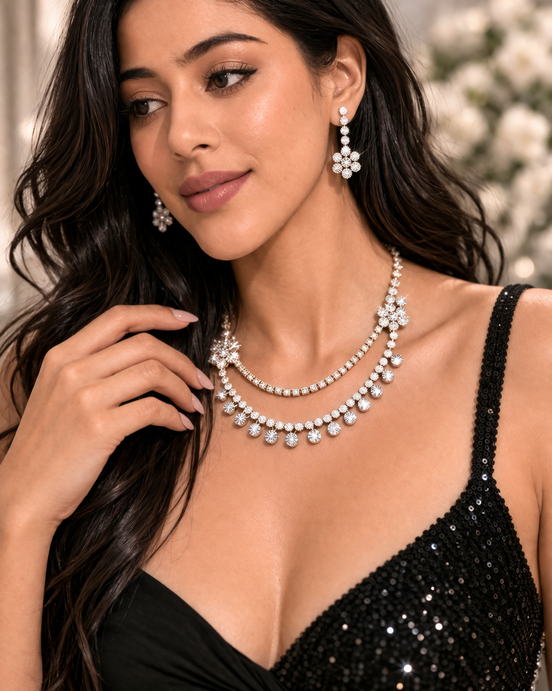 Dual Layer CZ Diamond Drop Necklace Set with Earrings