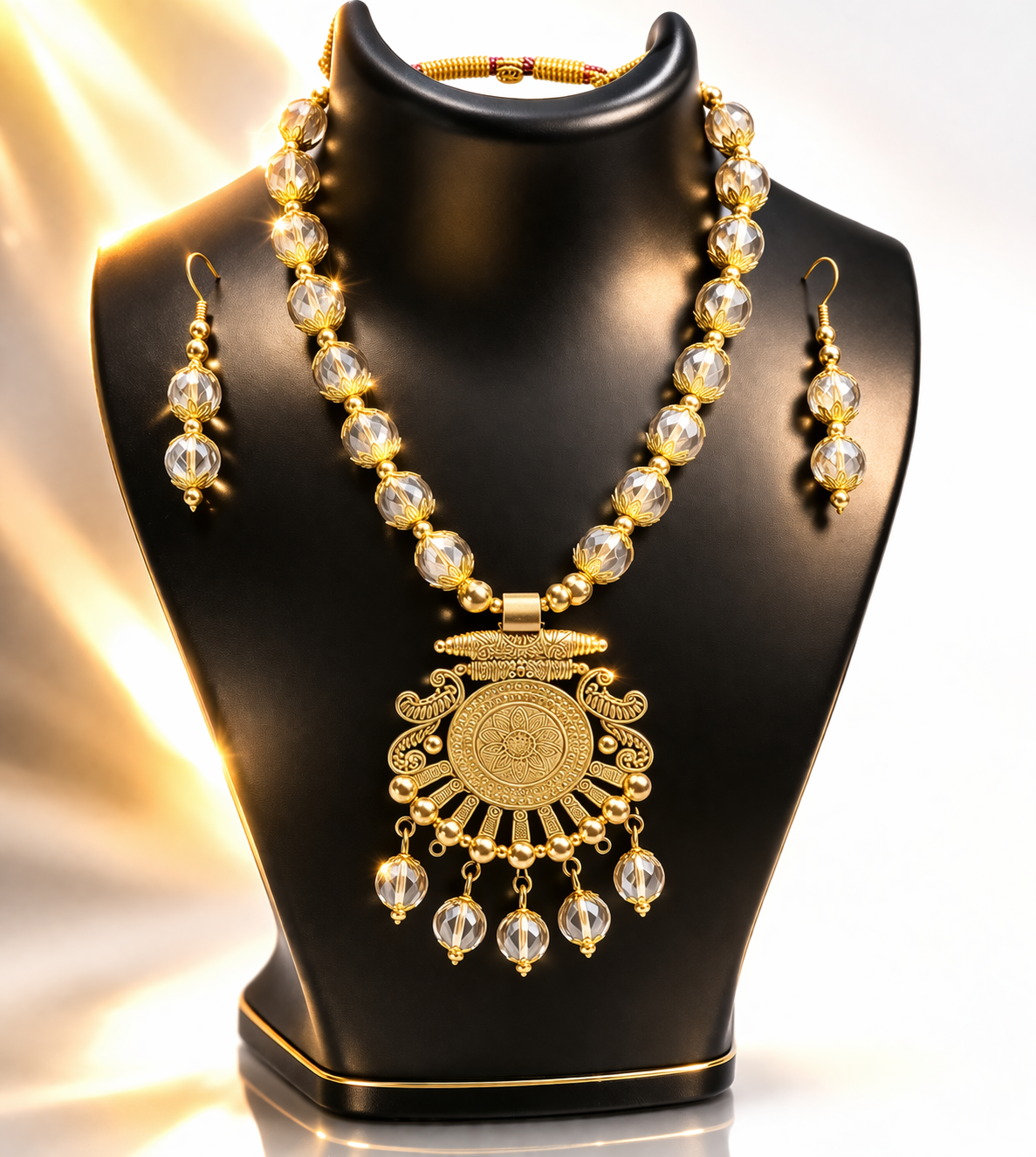 Traditional Gold Tone Beaded Pendant Necklace Set