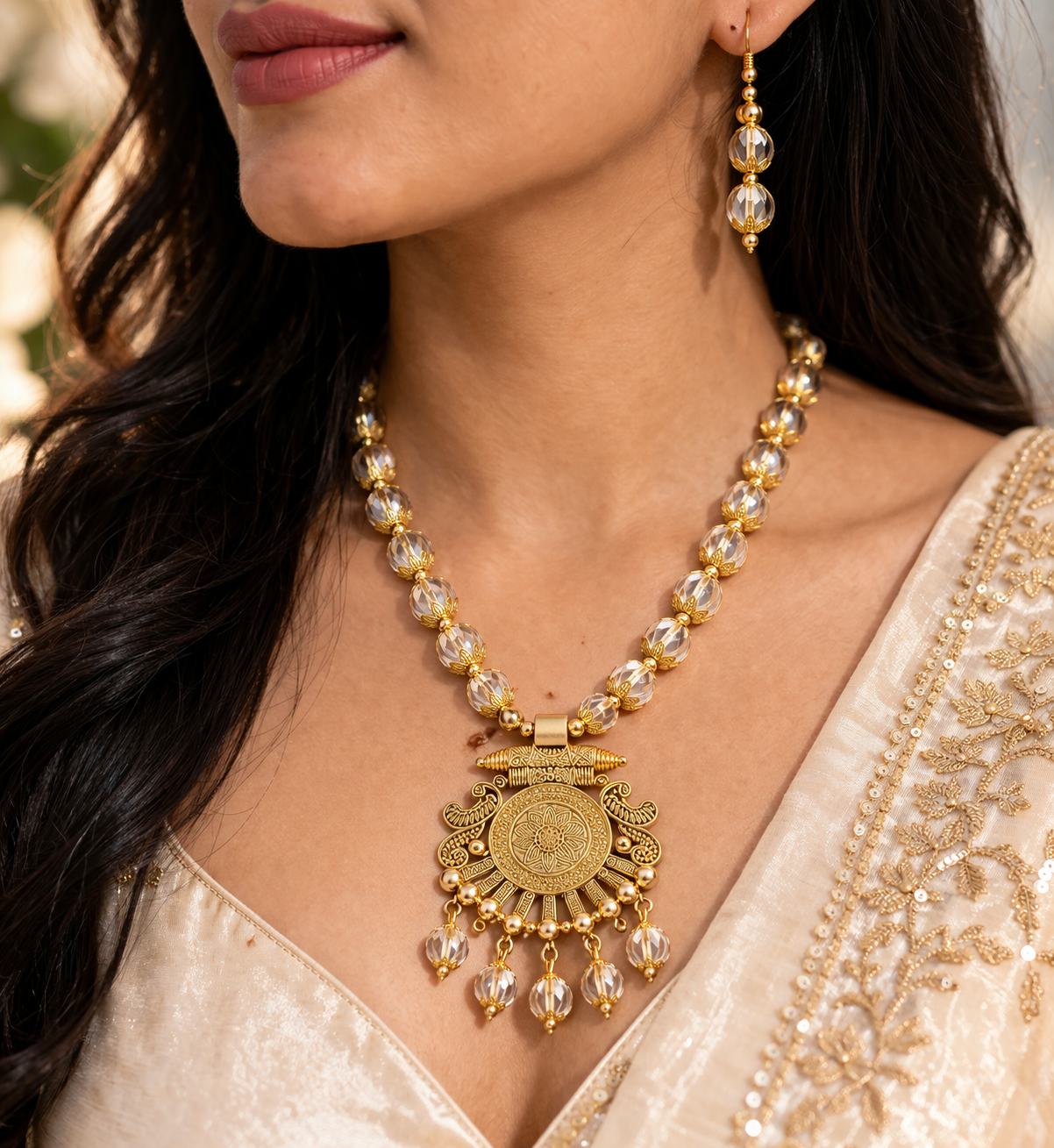 Traditional Gold Tone Beaded Pendant Necklace Set