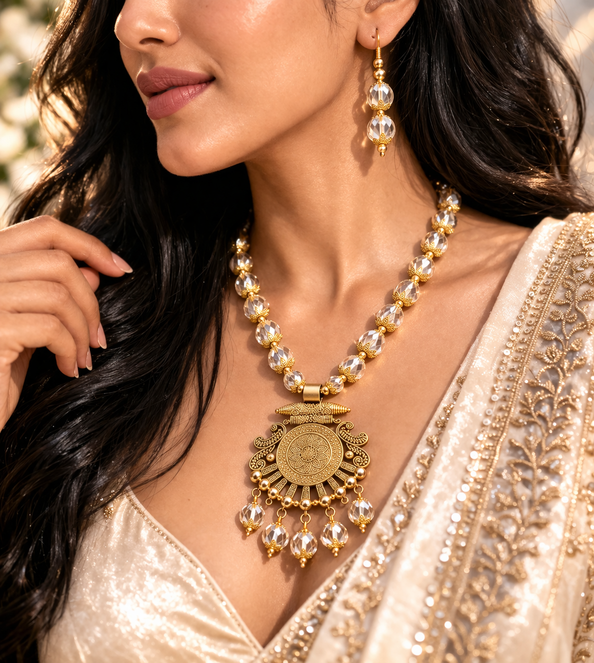 Traditional Gold Tone Beaded Pendant Necklace Set