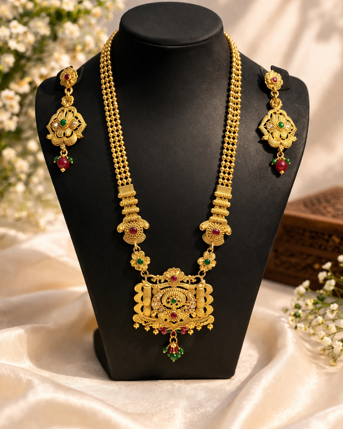Antique Gold Temple Necklace Set with Earrings for Women