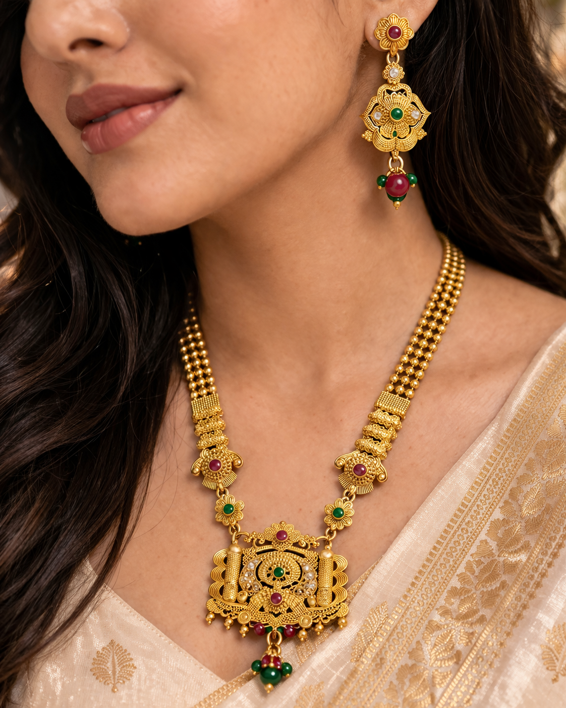 Antique Gold Temple Necklace Set with Earrings for Women