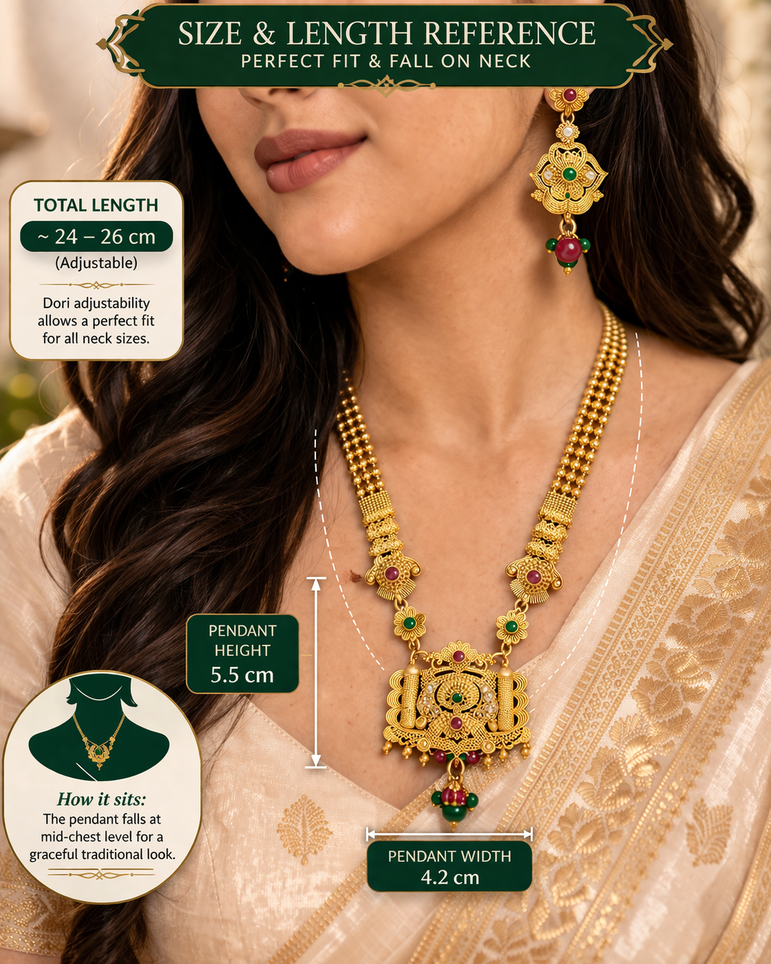 Antique Gold Temple Necklace Set with Earrings for Women