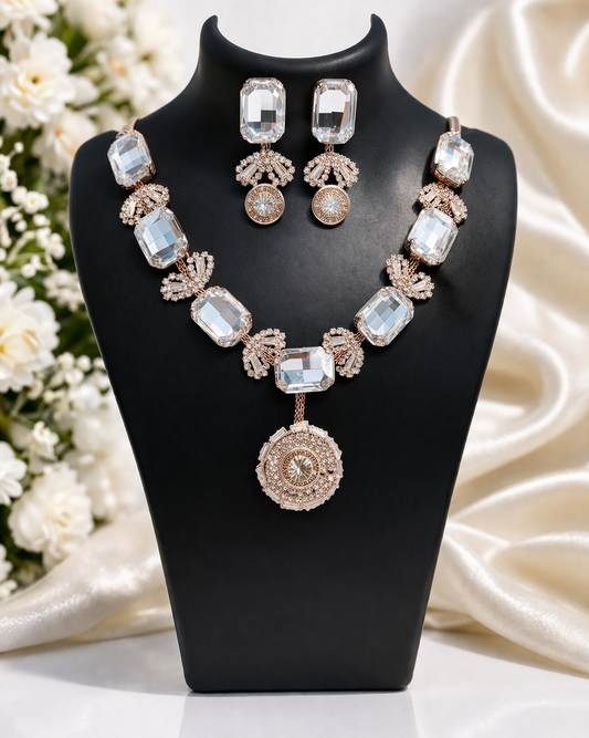 Rose Gold Crystal Necklace Set with Earrings for Women
