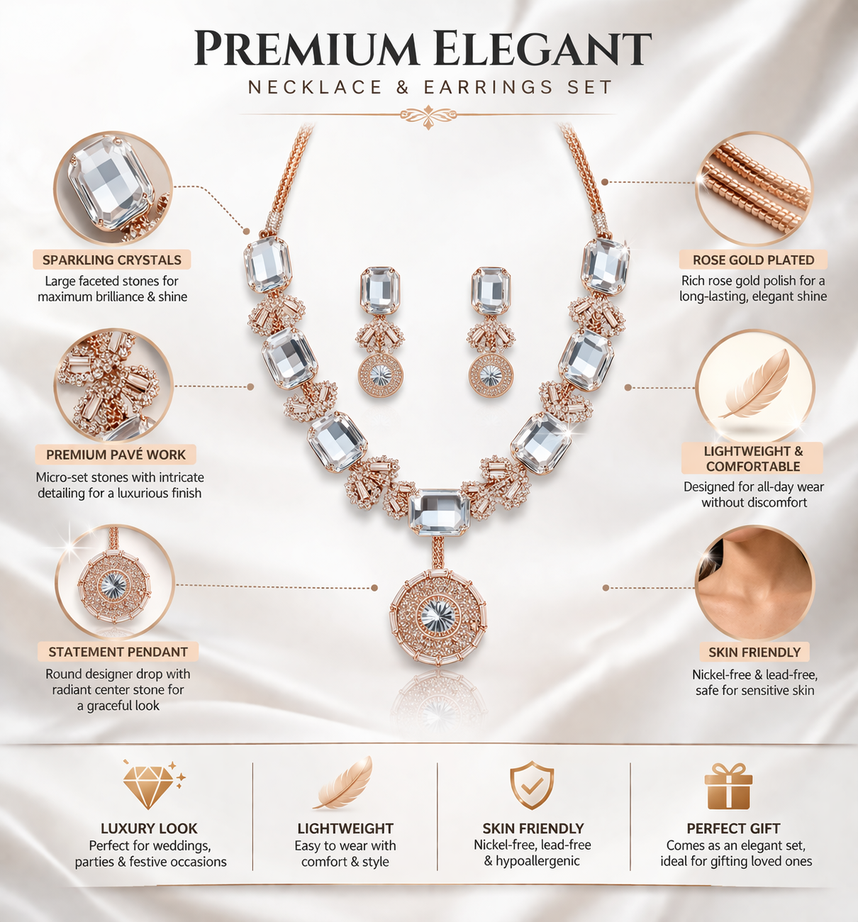 Rose Gold Crystal Necklace Set with Earrings for Women