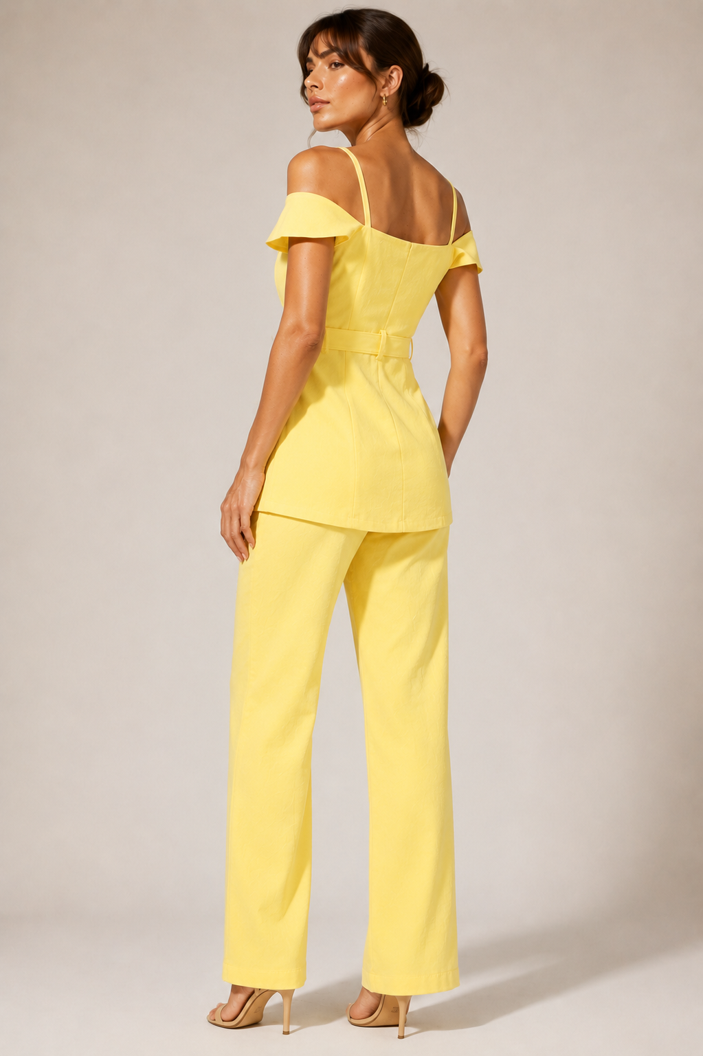 Solea Yellow Belted Co-ord Set for Women Off Shoulder