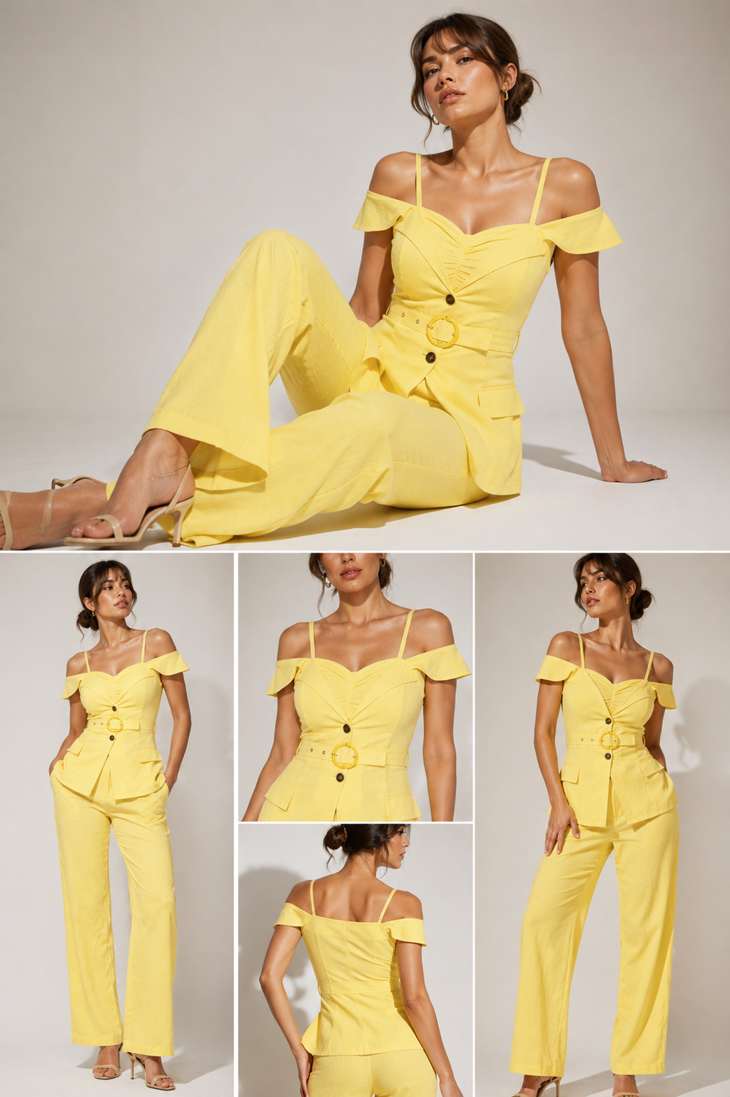Solea Yellow Belted Co-ord Set for Women Off Shoulder