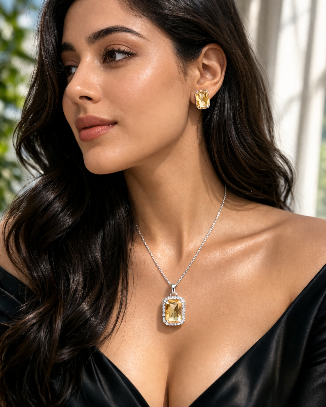 Luxury Emerald Cut Yellow Crystal Pendant Necklace Set for Women