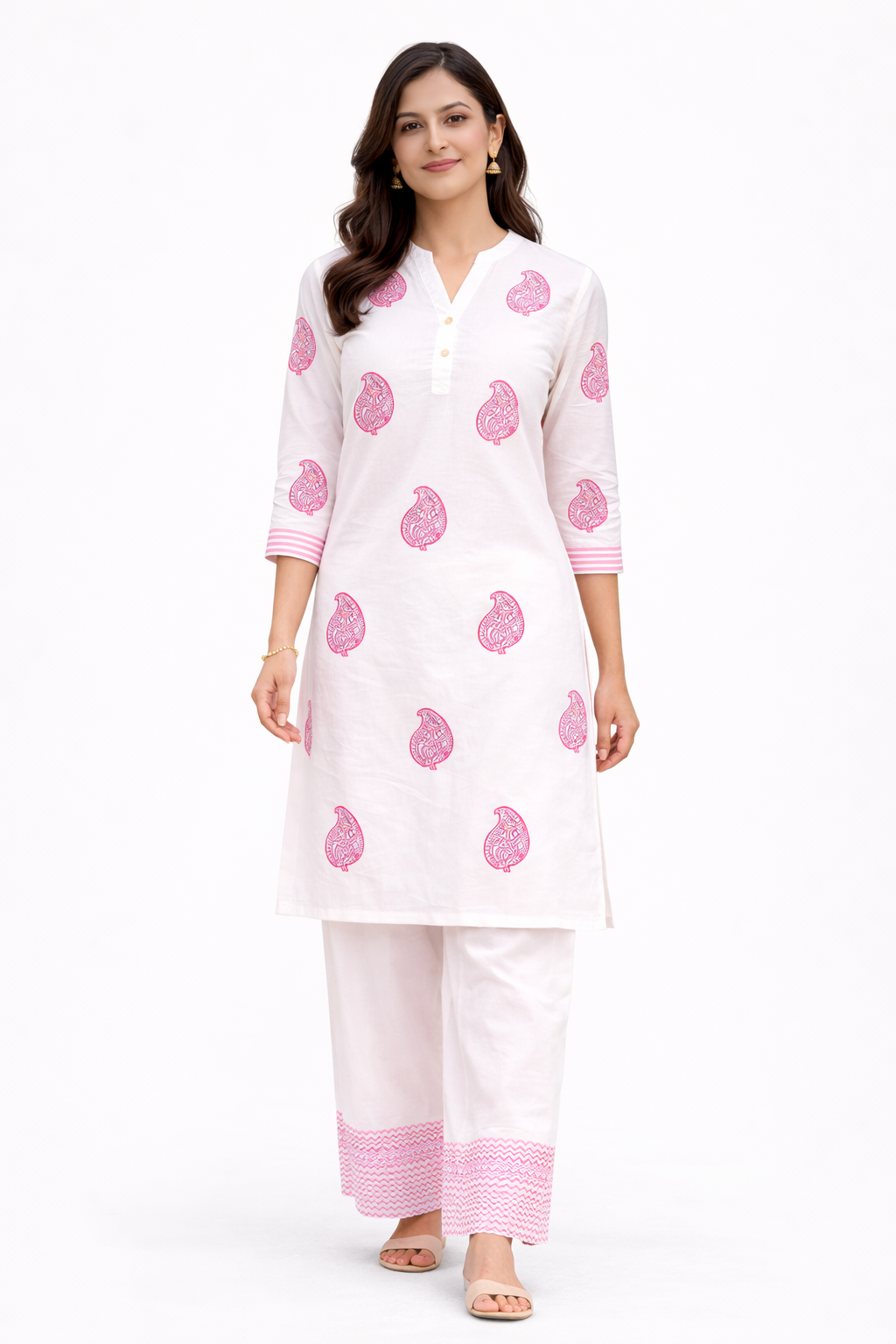 Shorekraft Pink Paisley Cotton Kurta Set for Women