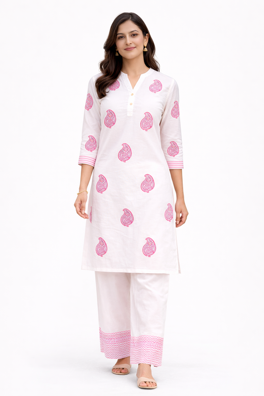 Shorekraft Pink Paisley Cotton Kurta Set for Women