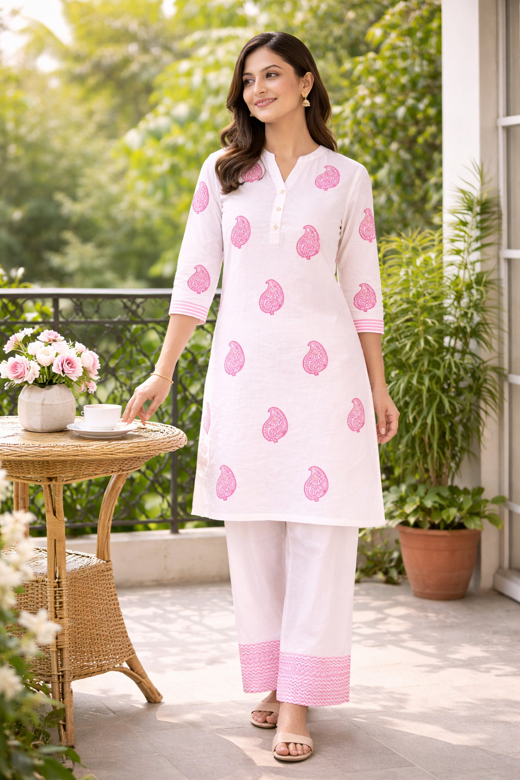 Shorekraft Pink Paisley Cotton Kurta Set for Women