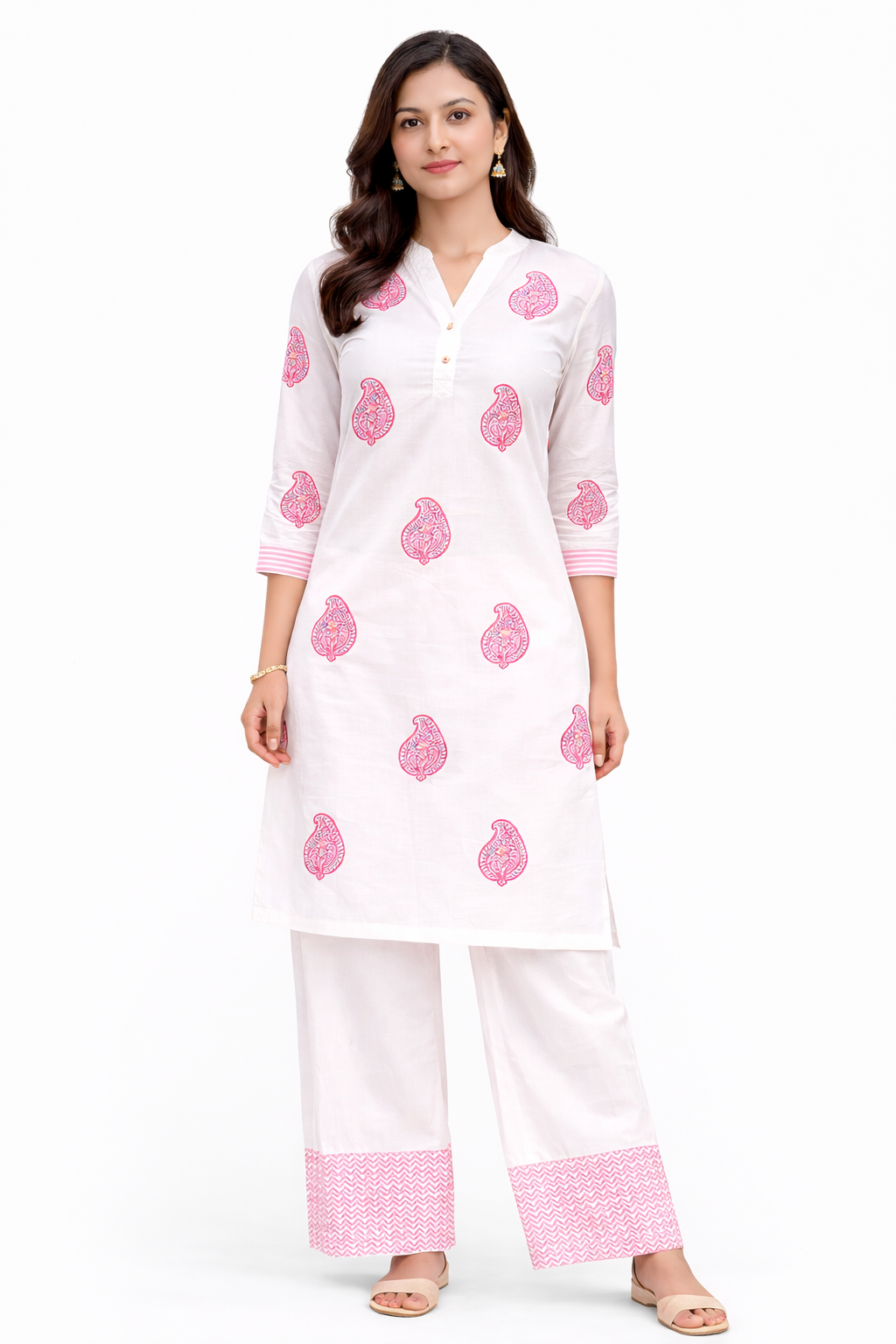 Shorekraft Pink Paisley Cotton Kurta Set for Women