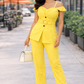 Solea Yellow Belted Co-ord Set for Women Off Shoulder