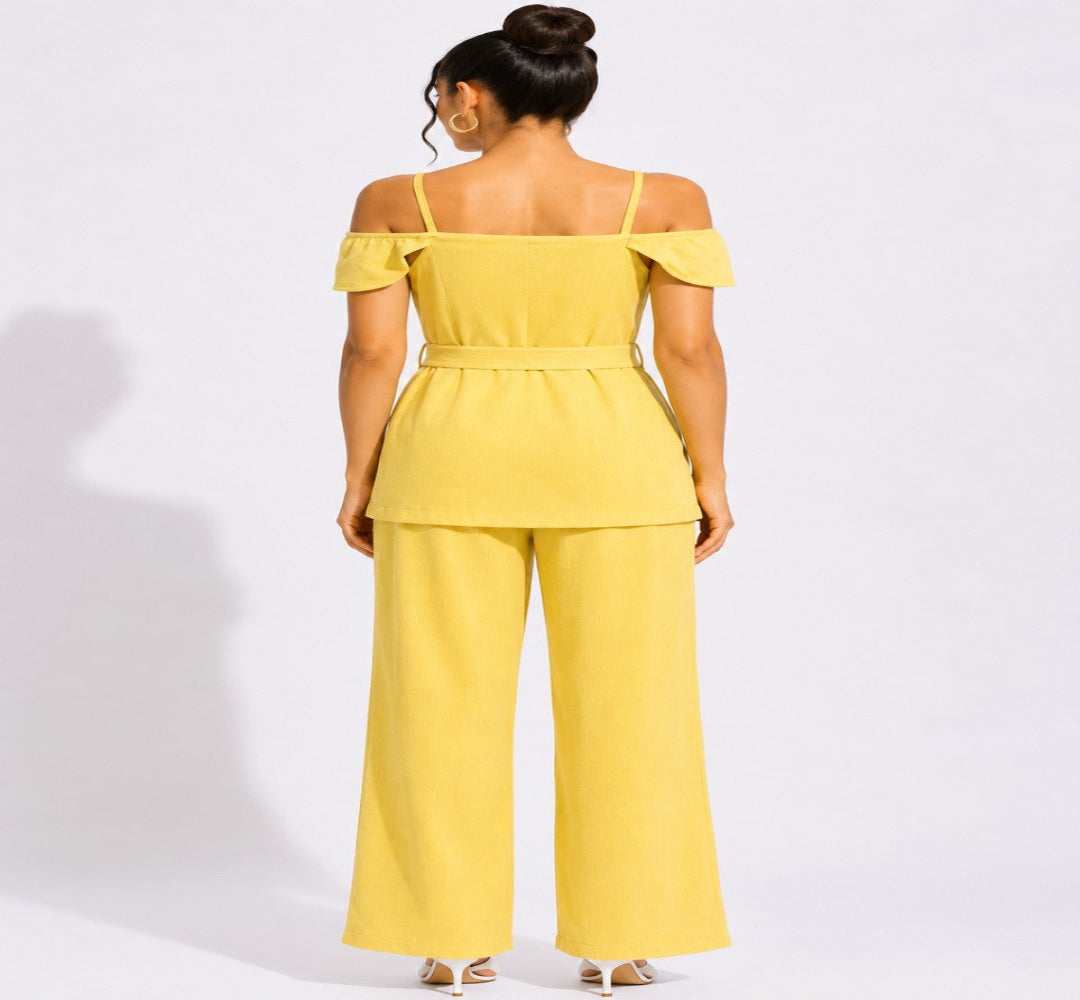 Solea Yellow Belted Co-ord Set for Women Off Shoulder