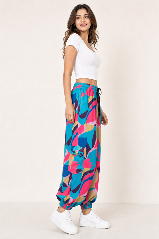 Tropic Pop Women’s Balloon Cargo Pants - Abstract Print