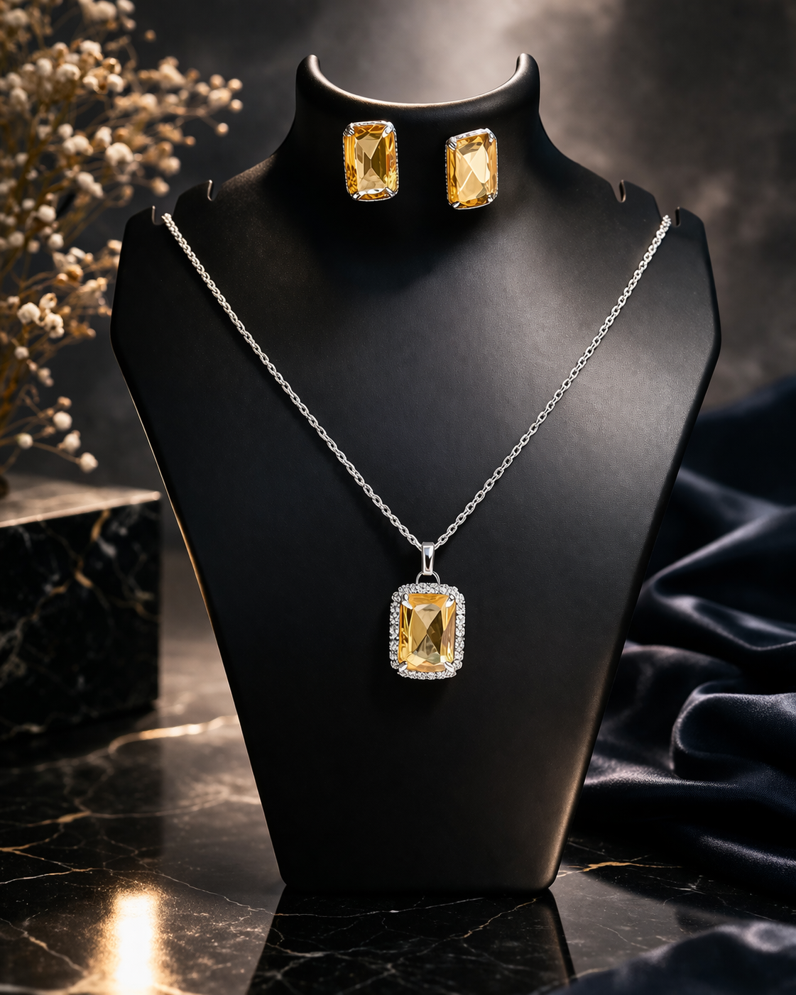 Luxury Emerald Cut Yellow Crystal Pendant Necklace Set for Women