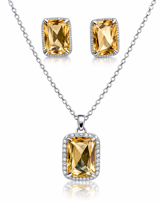 Luxury Emerald Cut Yellow Crystal Pendant Necklace Set for Women