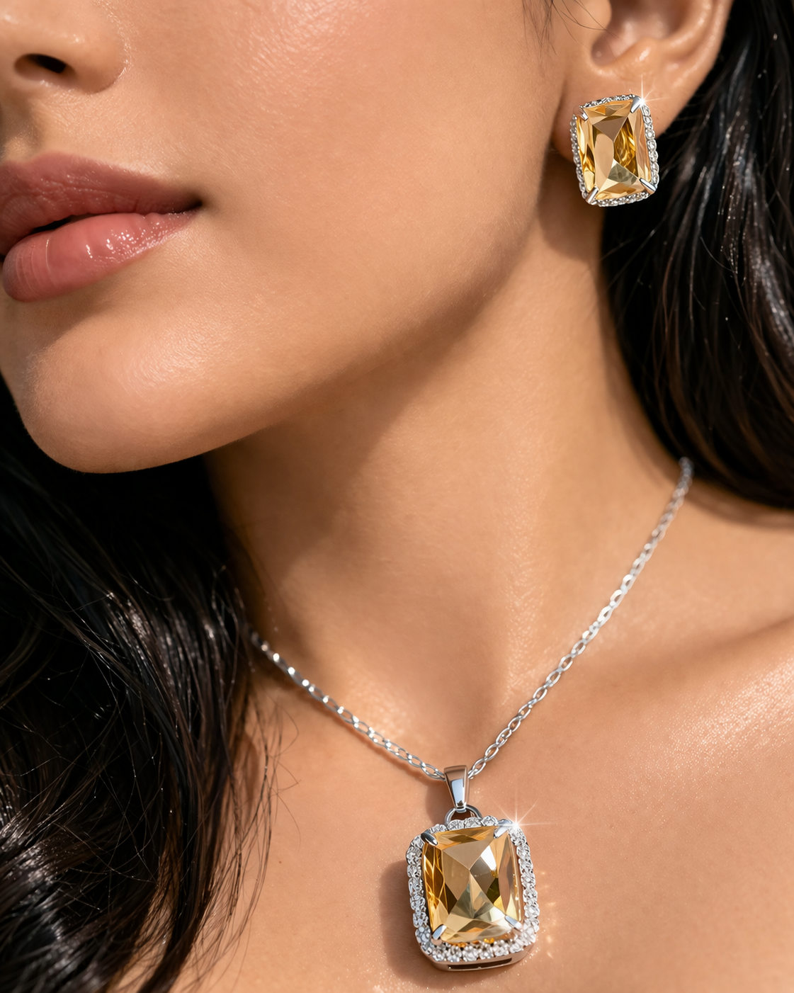 Luxury Emerald Cut Yellow Crystal Pendant Necklace Set for Women