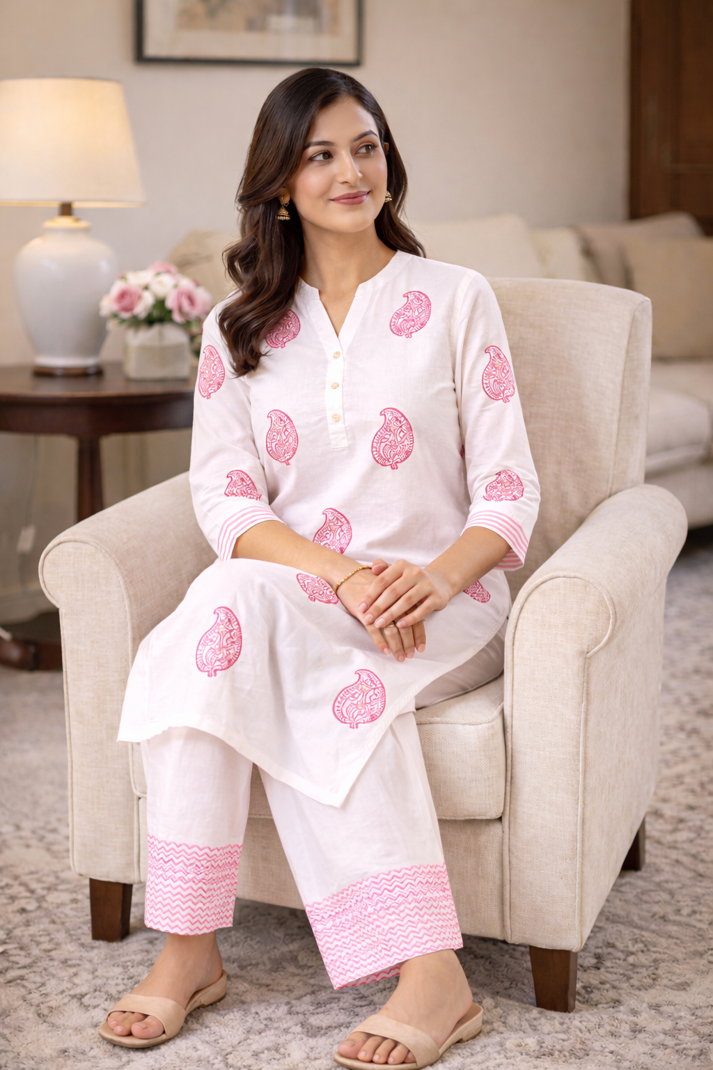 Shorekraft Pink Paisley Cotton Kurta Set for Women