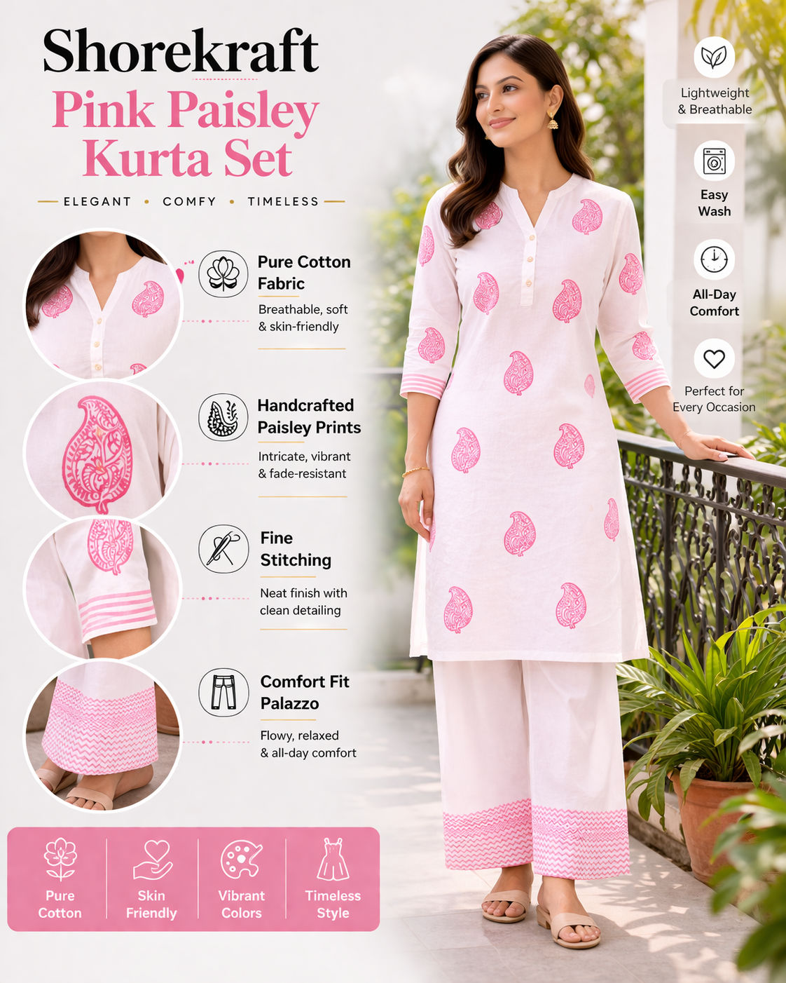 Shorekraft Pink Paisley Cotton Kurta Set for Women